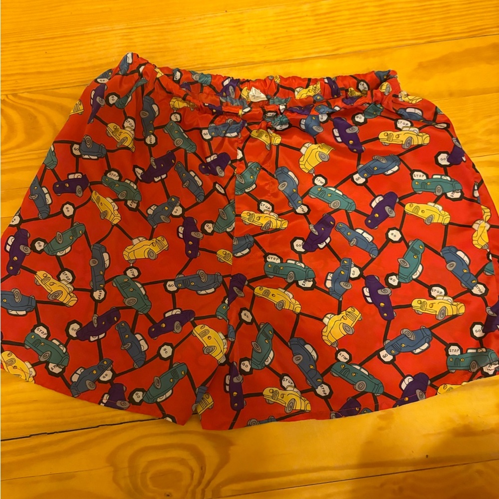 Vintage Red Shorts with Multicolor Car Print